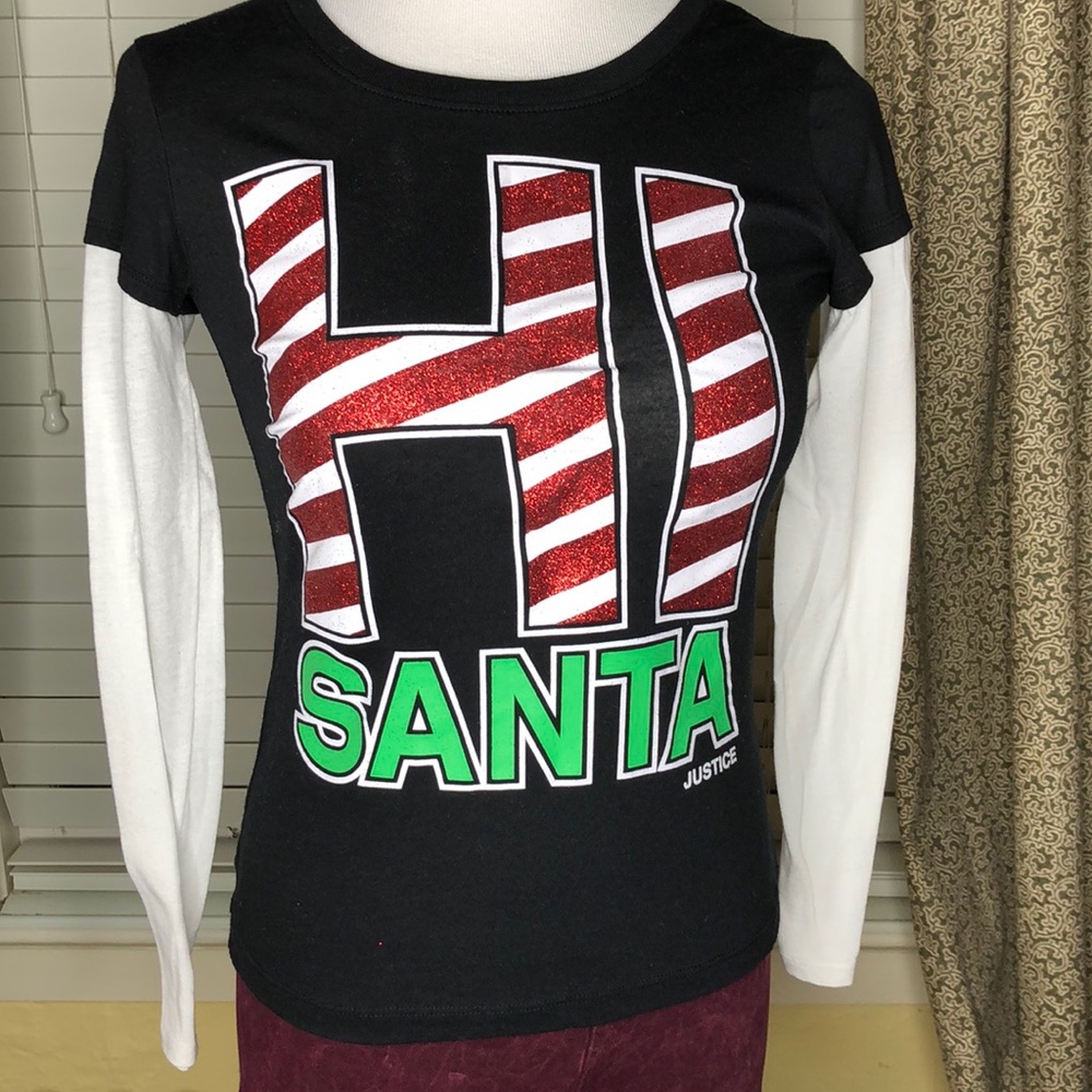 Justice “Hi SANTA...” black faux double layer tee